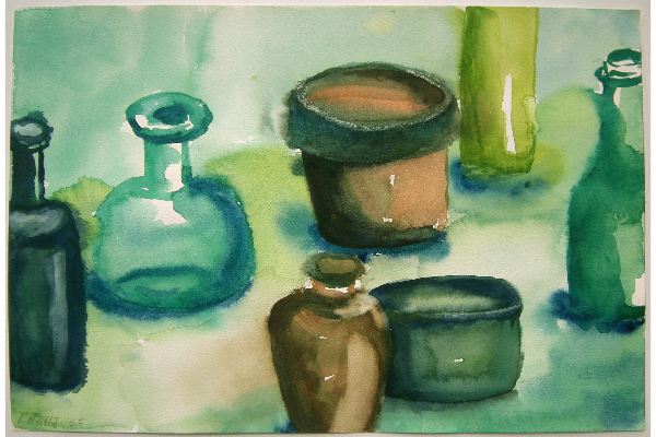 Green Bottles, watercolour on Fabriano Artistico, 20x15 in.
